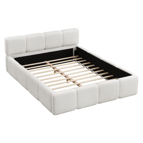 Cassius White Boucle Upholstered Wood Frame Queen Size Platform Bed with Headboard