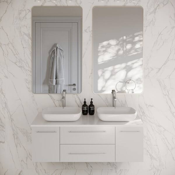 Lucera 48 in. Double Sink Wall Mount Floating White Bath Vanity with White Quartz Top and Vessel Ceramic Sinks