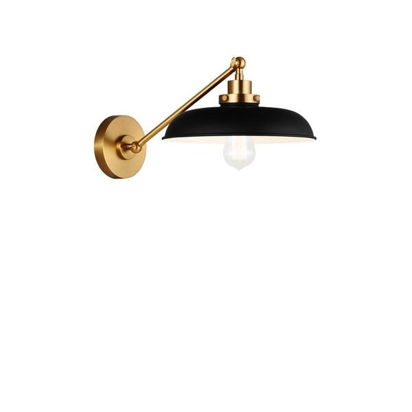 Generation Lighting - Wellfleet 11 in. W x 8.75 in. H 1-Light Midnight Black/Burnished Brass Single Arm Wide Task Wall Sconce with Steel Shade