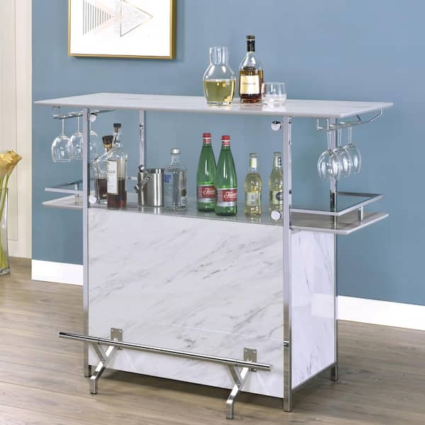 Mauro Faux Marble White and Chrome Bar Table With Wine Rack and Stemware Rack