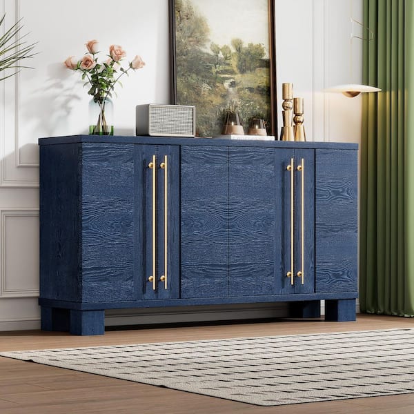 Unbranded Antique Navy Wood 60 in. W Sideboard w/ Open Storage, Adjustable Shelves and Handles, Large Storage Space Buffet Cabinet