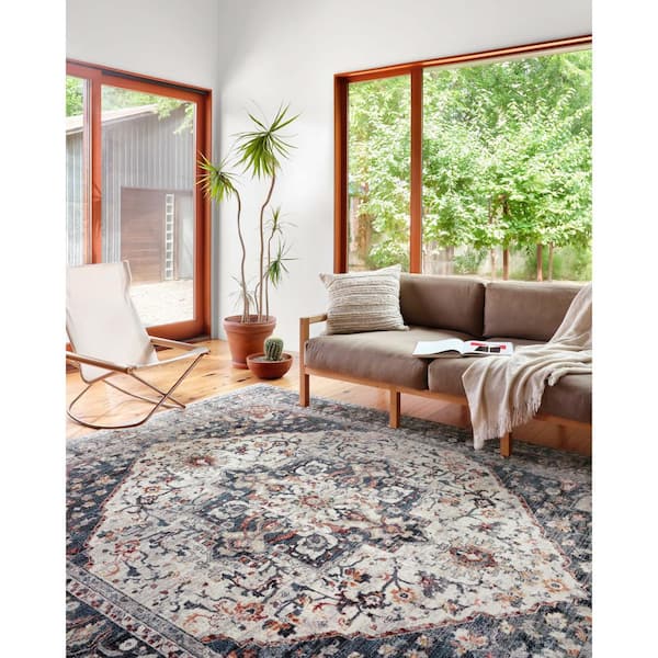 Denim Blue Traditional Rug Low Pile Transitional Rugs Medallion Living Room Rugs 