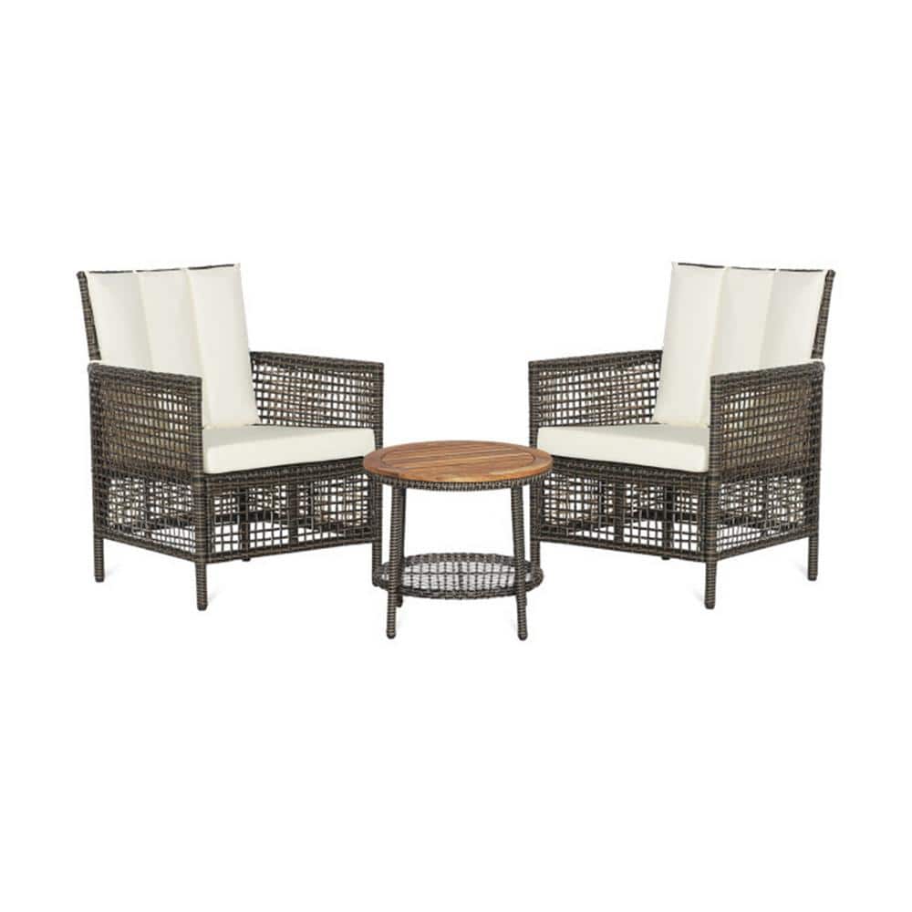 3 Pieces Patio Rattan Furniture Set with Cushion in White and Wood Table Top price history on PriceWatchPro
