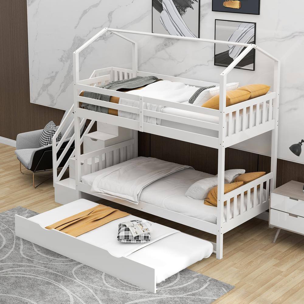 ANBAZAR White Twin House Bunk Bed with Storage Staircase and Trundle ...