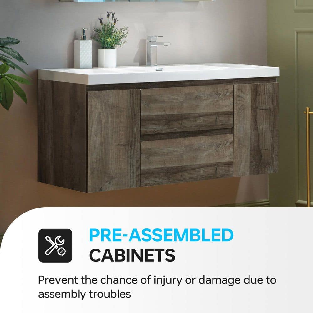 47" Gray Oak Wall-Mounted Floating Vanity with White Resin Top