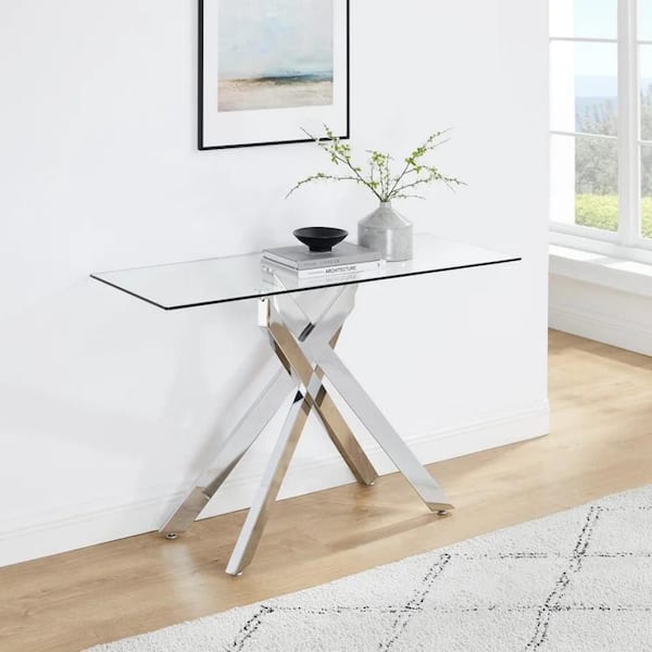 EDYO LIVING 45 in. Silver Rectangle Glass Top Console Table with Modern Linear shape Base