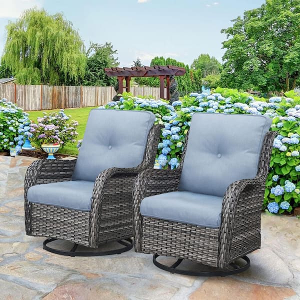 Gymojoy Carolina Gray Wicker Outdoor Rocking Chair with Baby blue Cushion 2-Pack