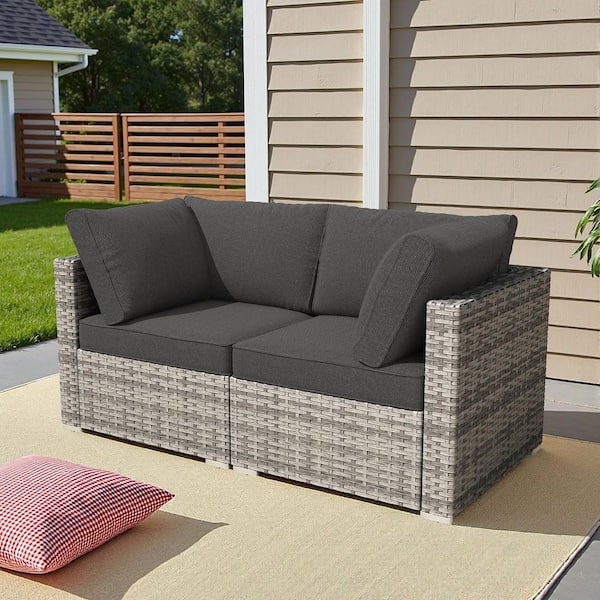 RusticRetreat 2 Pieces Wicker Outdoor Patio Conversation Corner Sofa Set with Black Cushions