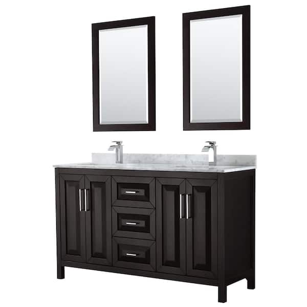 Wyndham Collection Daria 60 in. Double Bathroom Vanity in Dark Espresso with Marble Vanity Top in Carrara White and 24 in. Mirrors