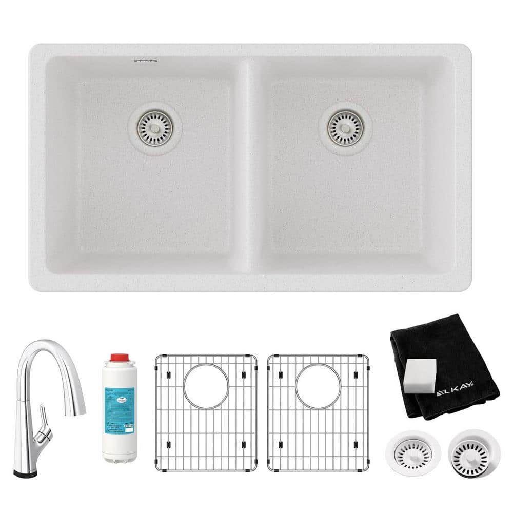 White Quartz Double Bowl Undermount Kitchen Sink with Faucet