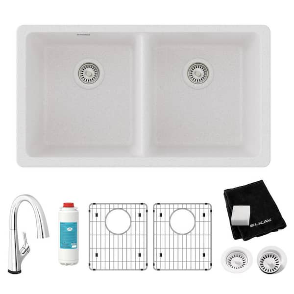 Quartz Classic 33 in. Undermount Double Bowl White Granite/Quartz Composite Kitchen Sink Kit w/ Faucet and Accessories
