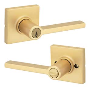 Kwikset Halifax Square Satin Brass Keyed Entry Door Handle Handle