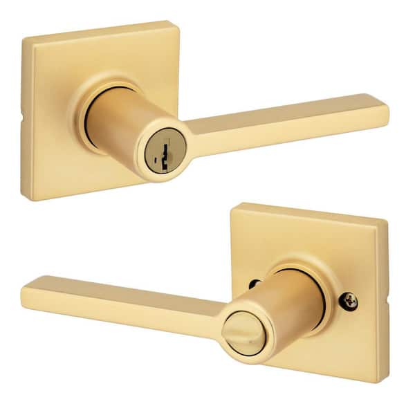 Casey Satin Brass Square Keyed Entry Door Handle Featuring SmartKey Security
