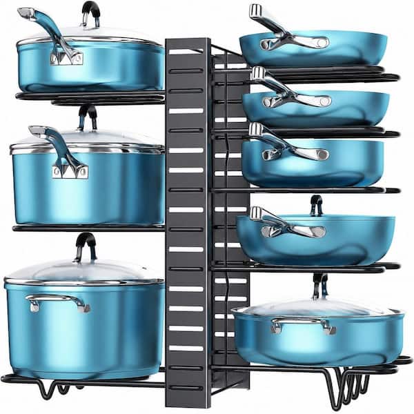 8-Tier Adjustable Pot and Pan Organizer for Cabinets, 3 Tool-Free Assembly Methods