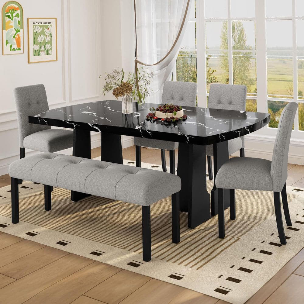 Turner Modern 6-Piece Rectangular Black and Gray Faux Marble Top Dining Set Seats 6 with Upholstered Chairs, Bench price history on PriceWatchPro