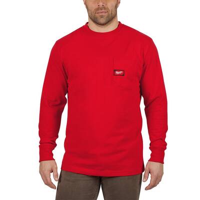 Men's Large Red Heavy-Duty Cotton/Polyester Long-Sleeve Pocket T-Shirt