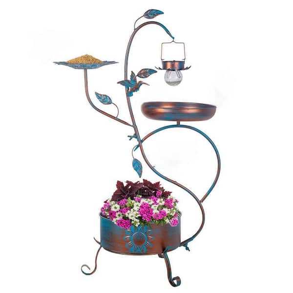 34 in H. x 21 in W. Outdoor Metal Bird Bath with Planter, Feeder and Solar Lights, Blue