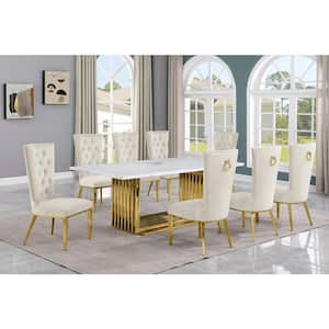 Lisa 9-Piece Rectangular White Marble Top Gold Stainless Steel Base Dining Set With 8-Cream Velvet Fabric Chairs