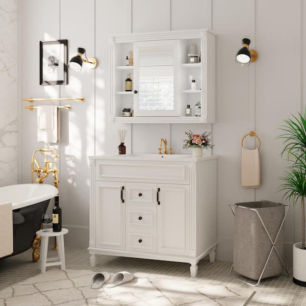 36 in. W x 18 in. D x 34 in. H Single Sink Bath Vanity in White with White Resin Top and Medicine Cabinet with Mirror