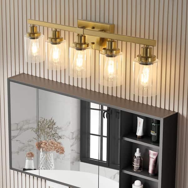 31 in. 5 Light Gold Vanity Light Fixture Modern Iron Metal Bathroom Over Mirror Wall Lights with Clear Glass Shade