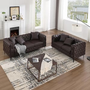 Modern 2-Piece Chocolate Faux Leather Sofa and Loveseat Living Room Set Couch with Button Tufted Track Arm