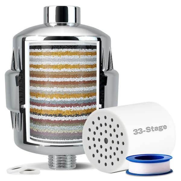 33-Stage High Output Universal Shower Filter w/ Replaceable Cartridge, Better Skin,Softer Hair,and Stronger Nails,Chrome