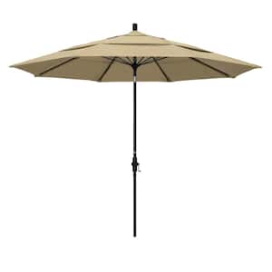 11 ft. Black Aluminum Pole Market Fiberglass Collar Tilt Crank Lift Outdoor Patio Umbrella in Antique Beige Sunbrella