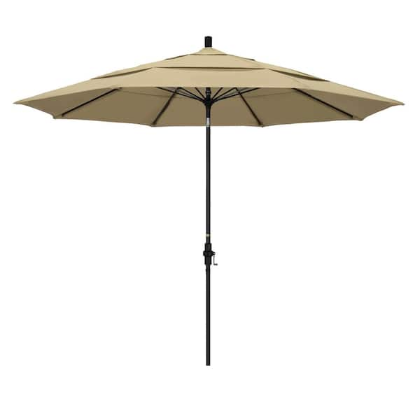 11 ft. Black Aluminum Pole Market Fiberglass Collar Tilt Crank Lift Outdoor Patio Umbrella in Antique Beige Sunbrella