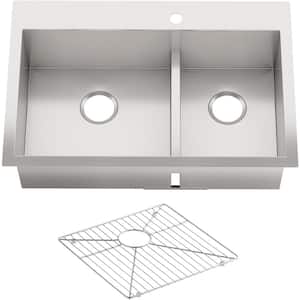 Vault Smart Divide Dual Mount Stainless Steel 33 in. 1-Hole Offset Double Bowl Kitchen Sink Kit with Basin Rack