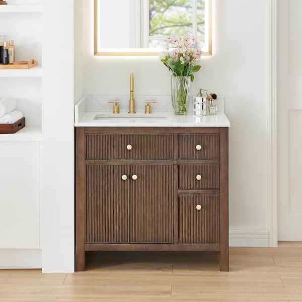 Altair Cerrito 36 in. Single Sink Freestanding Brown Oak Bath Vanity with Grain White Engineered Stone Top Assembled