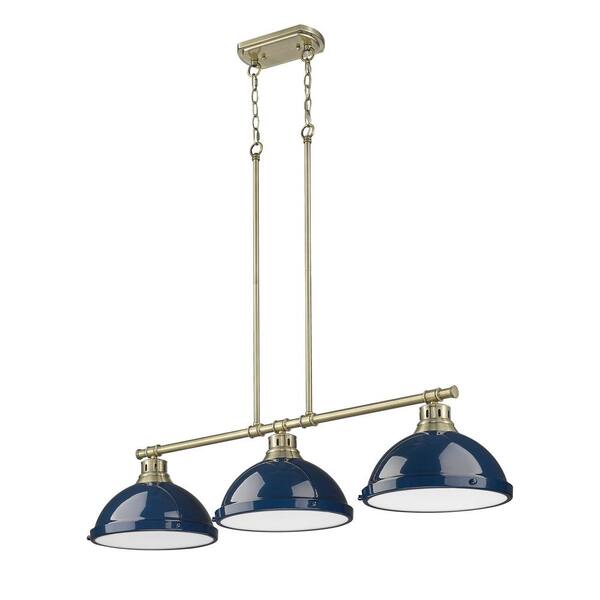 Golden Lighting - Duncan 300-Watt 3-Light Aged Brass Island Pendant Light with Blue Shade and No Bulbs Included
