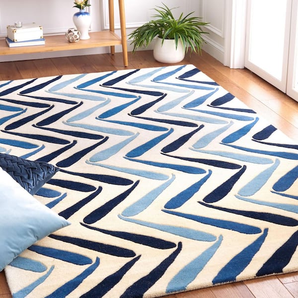 Soho 3 ft. x 4 ft. Ivory/Blue Striped Zig-Zag Area Rug