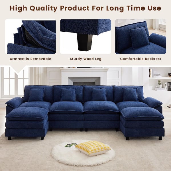 JEAREY Navy 136.6 in. Chenille Fabric 6 Seat Pillow Top Arm U