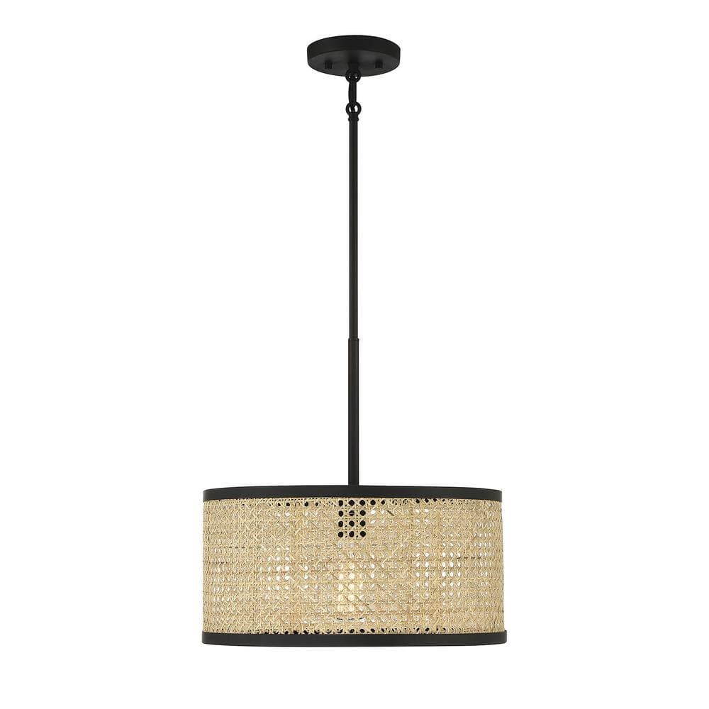 Mid-Century Modern Natural Cane & Matte Black 1-Light Pendant