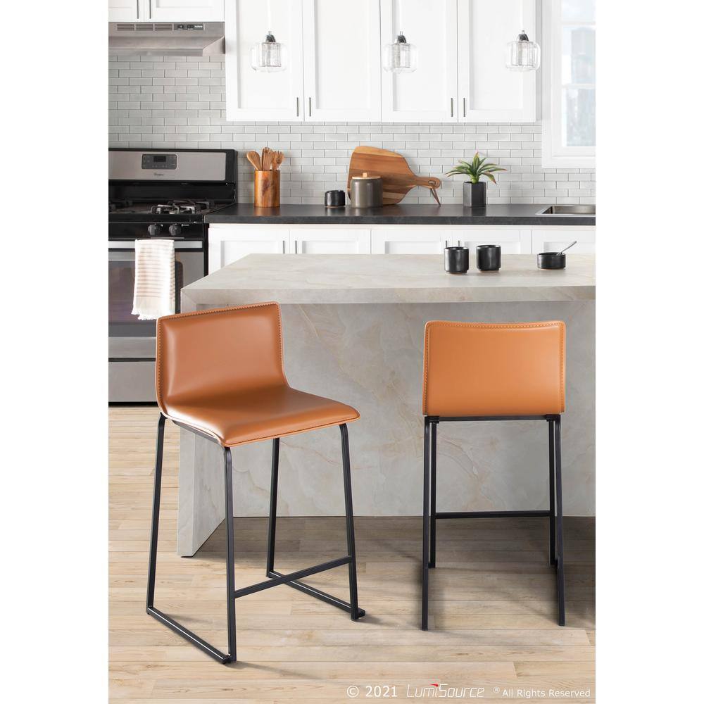 Mara 26" Black Metal and Camel Faux Leather Counter Stools, Set of 2