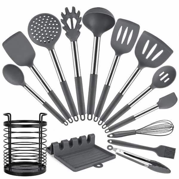 Beige Heat Resistant 14-Piece Silicone Kitchen Utensil Set, Non-Stick Cooking Tools with Storage Holder, Dishwasher Safe