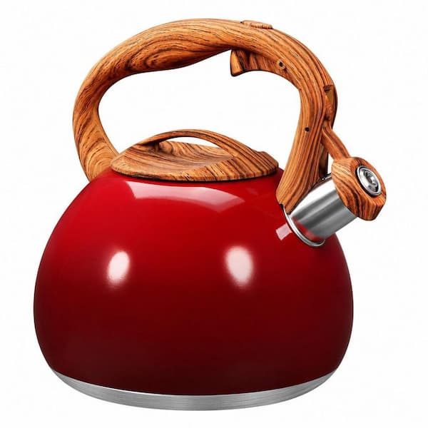 3.1 qt. 12-Cup Stainless Steel Whistling Induction Stovetop Tea Kettle with Wood Pattern Handle in Red