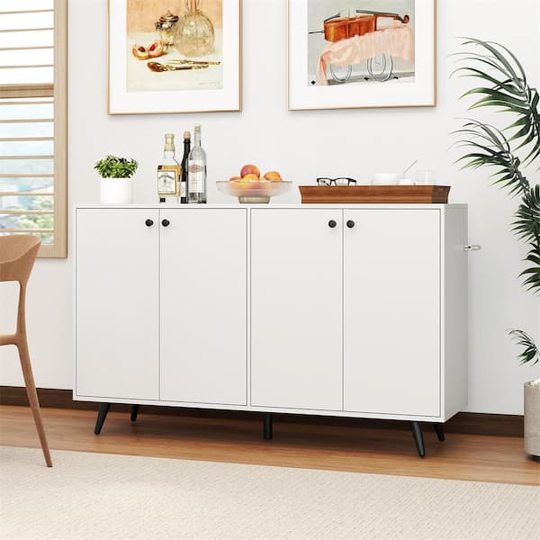 50 in. Kitchen Wood Buffet Cabinet with 4-Door and Adjustable Shelves Mid Century Modern Cupboard w/ 5 Support Leg White