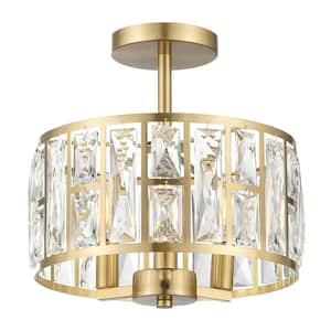 12 in. 3-Light Round Modern Gold Drum Semi Flush Mount Ceiling Light with Clear Crystal Glass