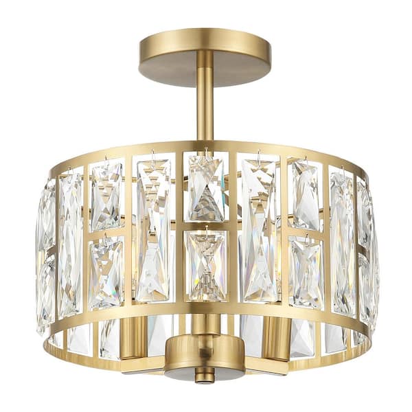 pasentel 12 in. 3-Light Round Modern Gold Drum Semi Flush Mount Ceiling Light with Clear Crystal Glass