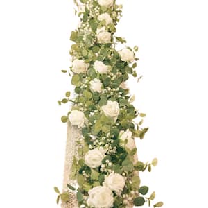 5 .91 ft. White Artificial Eucalyptus Garland with Flowers, Fake Rose Gypsophila Garland,