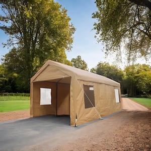 12 ft. W x 20 ft. D Heavy-Duty Canopy Carport Outdoor Portable Garage in Light Brown with Mesh Windows and Rolling Doors