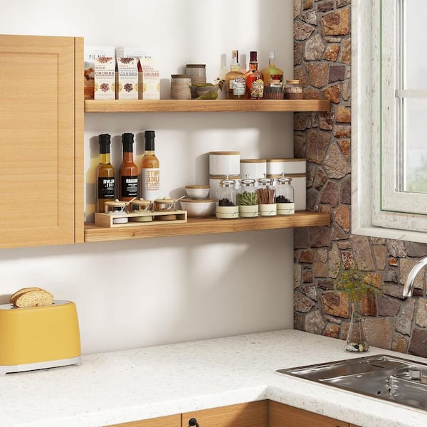 40 in. W x 8 in. D Natural Elm Wood Floating Shelves Decorative Wall Shelf for Bathroom Storage Set of 2