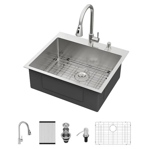 25 in. Drop-In Single Bowl 16-Gauge Stainless Steel Kitchen Sink with Faucet and Bottom Grid