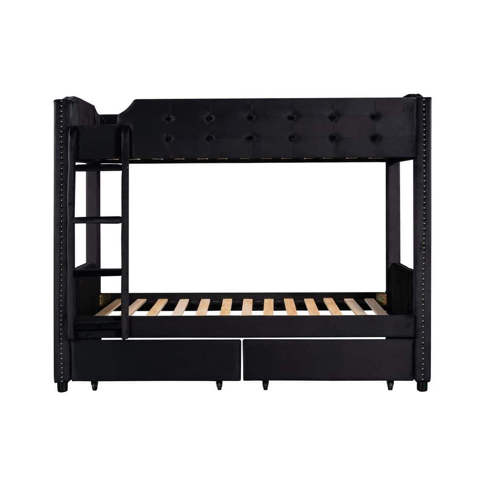 Utopia 4niture Mylah Black Twin Over Twin Upholstered Bunk Bed with 2