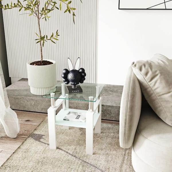 2 Piece17.7 in. Square Clear Tempered Glass Coffee Table with White Metal Legs,Lower Clear Frosted Table for Living Room