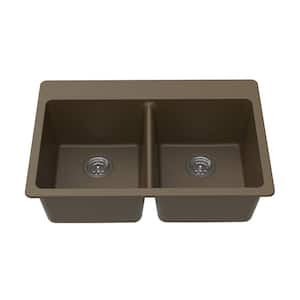 Dual Mount Granite Composite 33 in. L x 22 in. L x 9.5 in. 0-5 Faucet Holes Double Equal Bowl Kitchen Sink in Mocha
