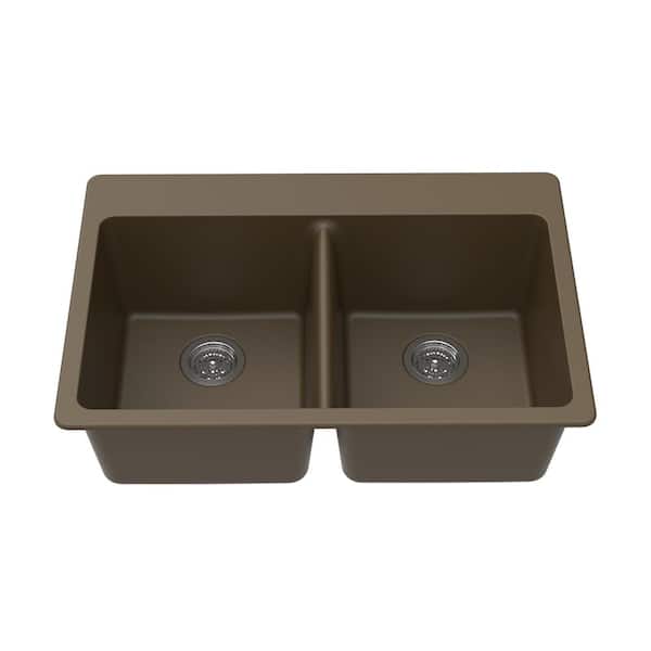 Winpro Dual Mount Granite Composite 33 in. L x 22 in. L x 9.5 in. 0-5 Faucet Holes Double Equal Bowl Kitchen Sink in Mocha
