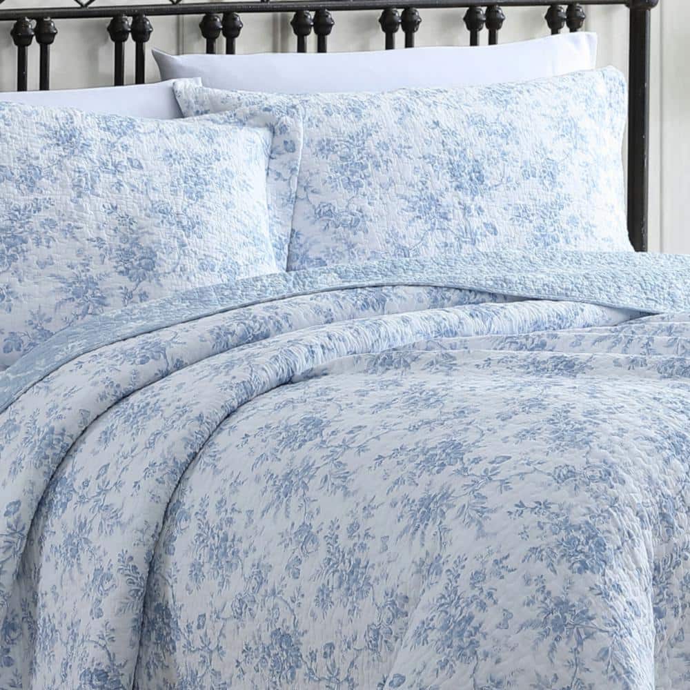 Laura Ashley Blue Floral Cotton King Reversible Quilt Set
