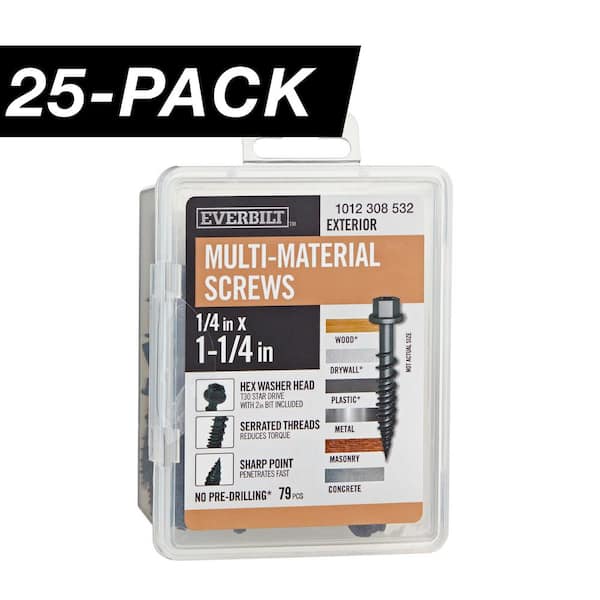 25-Pack 1/4 in. x 1-1/4 in. Black 6-Lobe Drive Exterior Washer Hex Head Multi-Material Screw (25 lbs. / 1,975-Piece)
